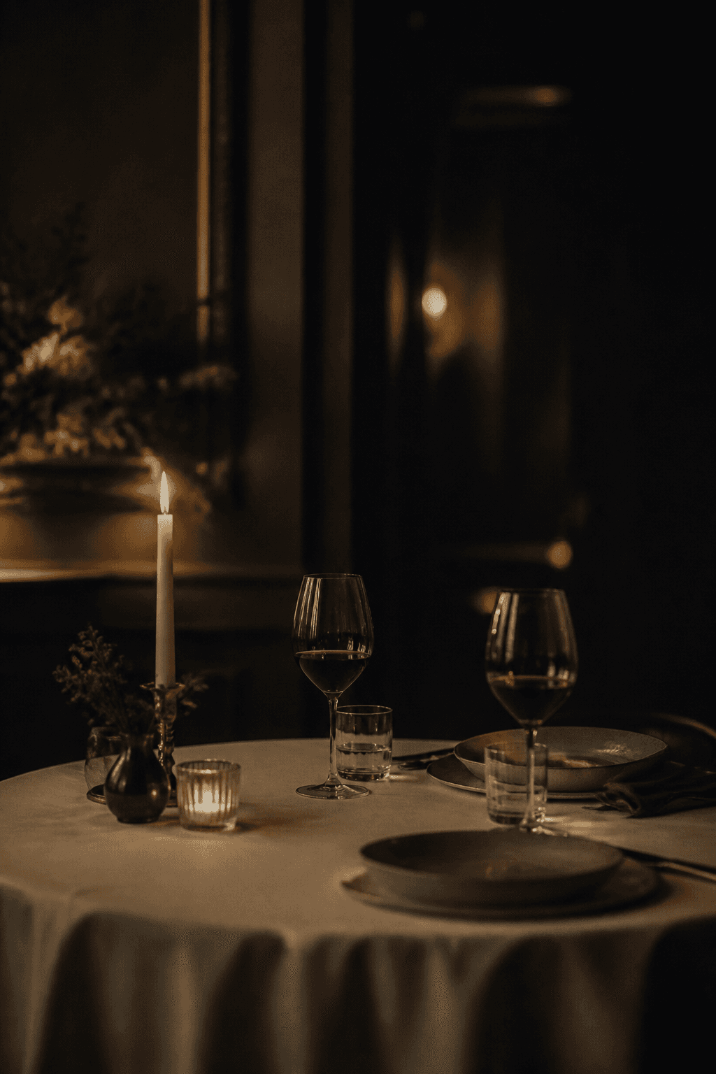 An intimate dinner table by candlelight
